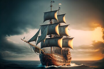 Fototapeta premium Landscape with pirate ship at sea, horizon in background. AI digital illustration