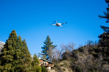 Fototapeta premium A Drone Flying in the Mountains Imaging a Forest