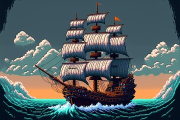 Landscape with pirate ship at sea, horizon in background, pixel art style. AI digital illustration
