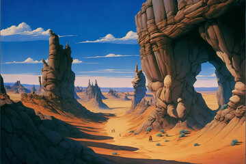 A rugged barren badlands with twisted rock. Superb anime-styled and DnD environment