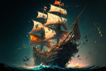 Pirate ship destroyed in flames after battle at sea. Digital illustration. AI