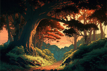 Fototapeta na wymiar An evening in the old forest. Superb anime-styled and DnD environment