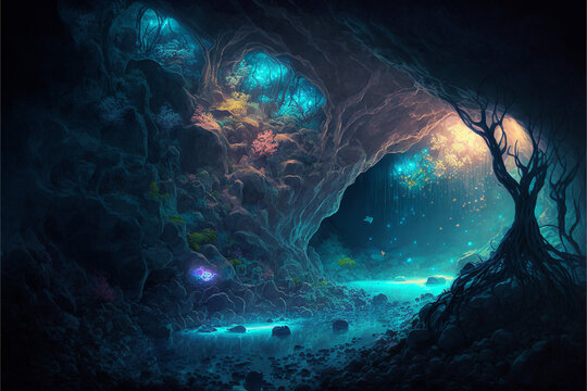 A mysterious cave system filled with glowing crystals. Superb anime-styled and DnD environment