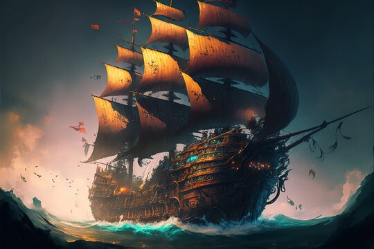 Pirate ship destroyed in flames after battle at sea. Digital illustration. AI