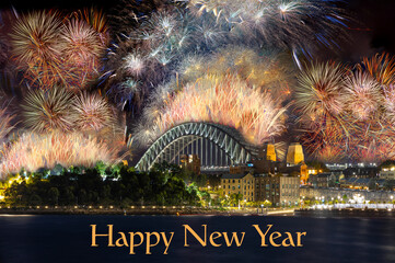 Sydney Harbour Bridge New Years Eve fireworks, colourful NYE fire works lighting the night skies...