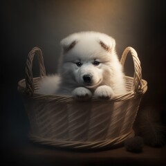 samoyed puppy in a basket, samoyeds, samoyed puppies, basket full of samoyed dogs, cute puppy, cutest puppy, white dog, snow dog, fluffy dog
