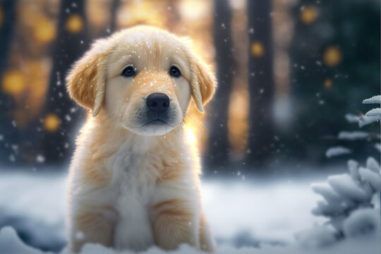 Cute Golden retriever Puppy in Snow, Generative AI