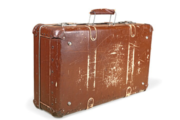 A close brown vintage travel suitcase