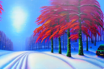 Car under trees in snowstorm