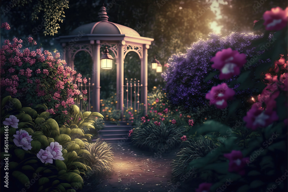 Wall mural a beautiful secret fairytale garden with flower arches and colorful greenery. digital painting backg