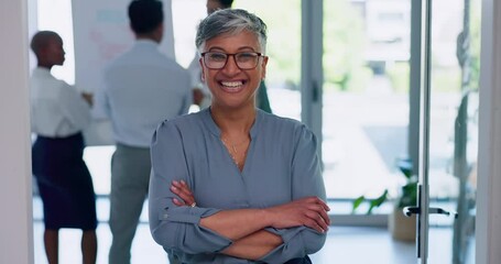 Leadership, confidence and proud woman in startup office with smile and vision at marketing workshop. Team leader, ceo and happy woman, advisory consultant in creative advertising agency in India.