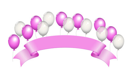 Fliegende weiße und pinke durchsichtige Helium Luftballons 
und pinke blanko Banderole,
Vektor Illustration isoliert auf weißem Hintergrund
