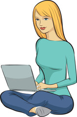 Blond girl sitting with laptop computer - PNG image with transparent background