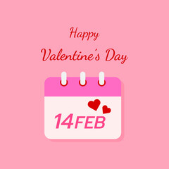 Happy Valentine's Day calendar with 14 date in February and couple heart in pastel pink background.