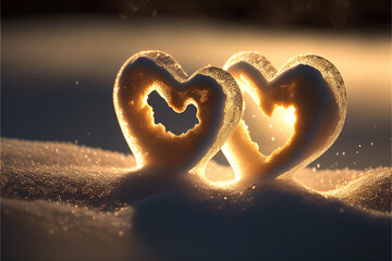 cute hearts in the snow, symbol of love, created by ai