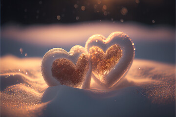 cute hearts in the snow, symbol of love, created by ai