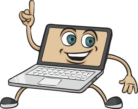 cartoon pointing laptop computer character - PNG image with transparent background