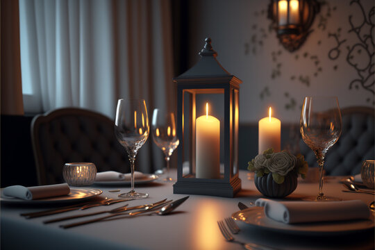 romantic interior by candlelight, for two, restaurant, AI created