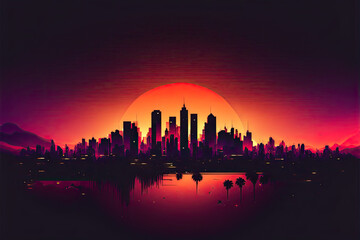 Fototapeta na wymiar Synthwave Cityscape Sunset Gradient Silhouette Design for Wallpapers and Posters