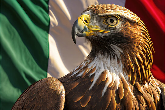 Golden Eagle In Front Of Flag Of Mexico - AI Generated