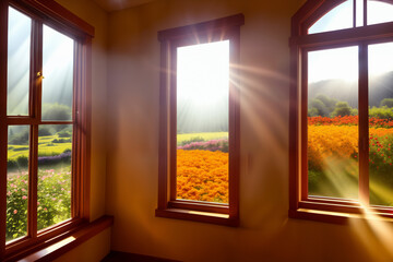 Beautiful view from inside a house out a window with a field of flowers,  meadow landscape, and mountains with sunlight and lens flares streaming through.