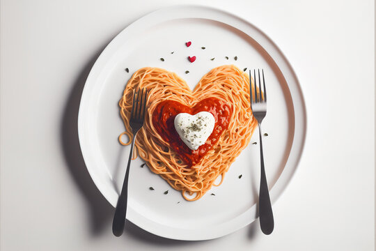 On a white plate with a white wood background, heart shaped pasta is topped with tomato sauce and parmesan cheese. For Valentine's Day supper, consider serving romantic vegetarian art. looking up. the