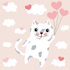 Happy cat card for Valentine's day. Romantic card or poster for Valentine's Day. The cat is holding balloons in the form of a heart. cat in the clouds