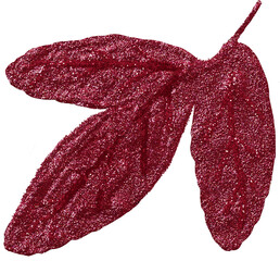 Red burgundy metallic glitter textured leaf with sparkling particles for embellishment. Isolated stationary element for a wide range of projects and embellishments	
