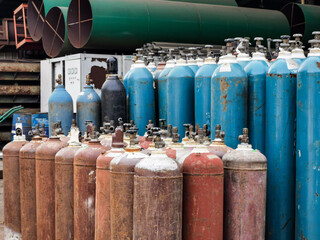 cylinder tanks with compressed gas for industry use.