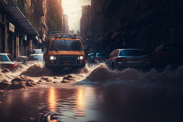 Cars driving through flooded city street. Generative AI