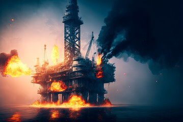Oil platform disaster, explosion, on fire. Generative AI