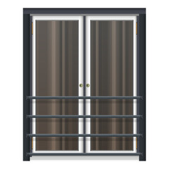 French Window with metal railings in realistic style. White doors with large windows. Building facade. Colorful PNG illustration.