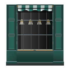 Shop-front green wall and large window in realistic style. Outdoor Building elements. Colorful PNG illustration.