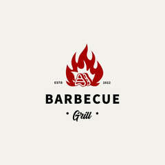 vintage BBQ icon illustration, grill house and bar with grill and fire for barbecue restaurant logo design