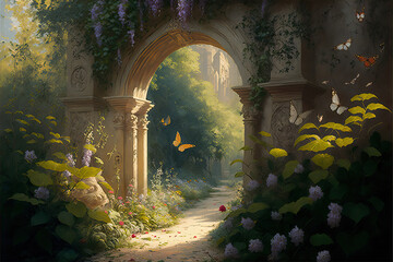 A beautiful secret fairytale garden with flower arches and beautiful tropical forest with colorful vegetation
