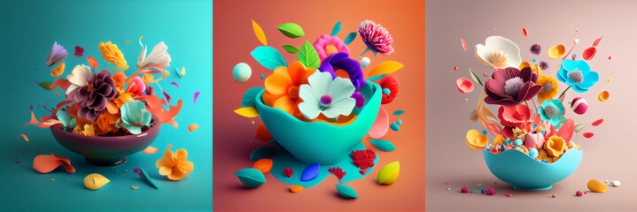 Colorful composition of flowers in a cups on colorful background, collection