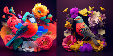 Illustration of Colorful Bird Siting on Flowers, collection