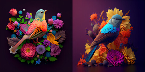 Illustration of colorful birds with lot of flowers around it, dark tone background, collection