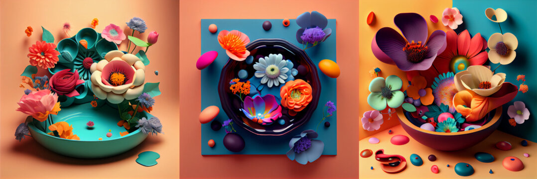 Composition of Flowers in a kitchen, collection. Orange background.