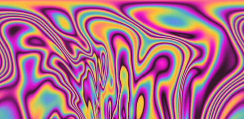 Abstract psychedelic background with neon rainbow leaks and stains. The 70s hippie style.