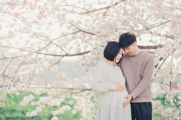 桜と赤ちゃんを待つ夫婦