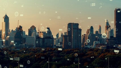 Business data analytic interface fly over smart city showing alteration future of business intelligence. Computer software and artificial intelligence are used to analyze big data for strategic plan .