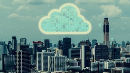 Cloud computing technology and online data storage for alteration data sharing . Computer connects to internet network server service for cloud data transfer shown in 3D futuristic graphic interface .