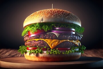 Close-up of a juicy burger with fries, delicious, highly detailed, hyper realistic, HDR, Studio light by AI Generate 