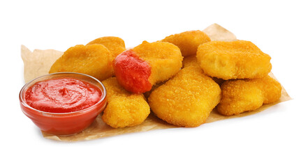 Tasty chicken nuggets with ketchup on white background