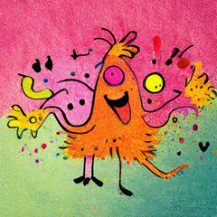 Happy funny cartoon doodle characters illustration with very bright cheerfull colors