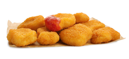 Tasty chicken nuggets with ketchup on white background