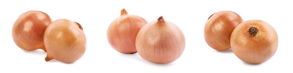 Fototapeta premium Collage with fresh ripe onions on white background