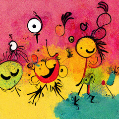 Joyfull happy colorful children cartoon illustration about hapyness, with bright pink color