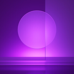 Deep purple clear crystal glass backdrop circle. Violet stage glass podium bright glow dark phlox color backlight. Studio show product display stand. pedestal for beauty cosmetic. 3D Illustration.